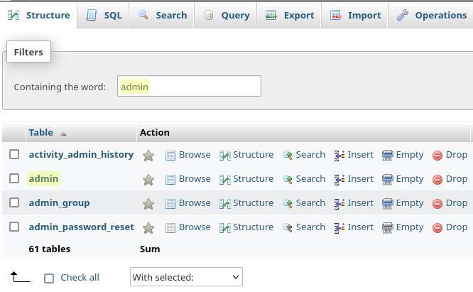 Screenshot demonstrating selecting the "admin" table in the "Structure" tab